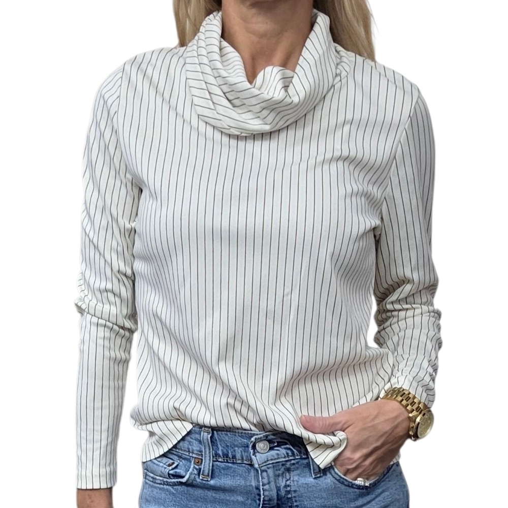 Vintage Alex Colman Cowl Neck Pinstripe Top Ivory Brown Minimalist